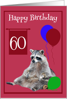 60th Birthday, Raccoon sitting with colorful balloons on magenta card
