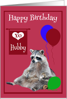 Birthday to Husband, Raccoon sitting with colorful balloons on magenta card