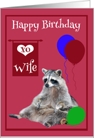 Birthday to Wife, Raccoon sitting with colorful balloons on magenta card