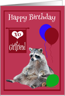 Birthday to Girlfriend, Raccoon sitting, colorful balloons, magenta card