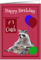 Birthday to Coach, Raccoon sitting with colorful balloons on magenta card