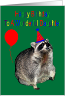 Birthday For Daughter, Raccoon with party hat and balloon on green card