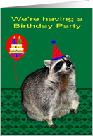 Invitations, 40th Birthday Party, Raccoon with a party hat, balloon card