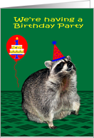 Invitations to 1st Birthday Party, Raccoon with a party hat, balloon card