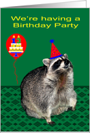 Invitations, 13th Birthday Party, Raccoon with a party hat, balloon card