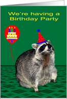 Invitations to 104th Birthday Party, Raccoon with a party hat, balloon card