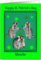 St. Patrick’s Day to Uncle, Raccoons with shamrocks, hats on green card