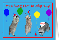 Invitations, 10th Birthday Party, Raccoons with party hats, balloons card