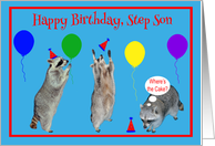 Birthday to Step Son, Raccoons with party hats and balloons on blue card