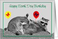 Birthday On Earth Day, Raccoons with butterflies and balloons on gray card