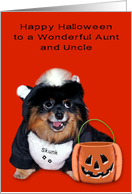 Halloween to Aunt and Uncle, Pomeranian smiling in skunk costume card