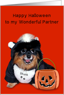 Halloween to Partner, Pomeranian smiling in skunk costume on orange card