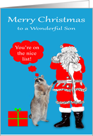 Christmas to Son, Raccoon with Santa Claus checking his list on red card