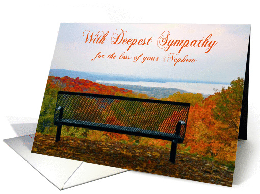 Sympathy for loss of Nephew, Empty bench with fall foliage, water card