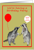 Invitations, Surprise Birthday Party, adorable raccoons with balloons card