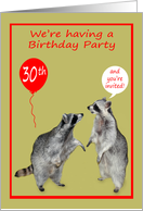 Invitations, 30th Birthday Party, two adorable raccoons with balloons card