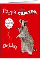 Birthday On Canada Day To Niece, Raccoon with balloon, maple leaf card