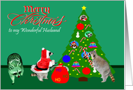 Christmas to Husband, Raccoons with Christmas tree on green, red text card