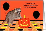 Birthday on Halloween, Raccoon with balloons and jack-o-lantern card