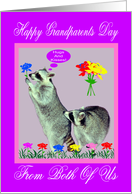 Grandparents Day From Both Of Us, Raccoons with flowers on purple card