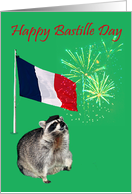 Bastille Day, raccoon wearing beret with fireworks and french flag card