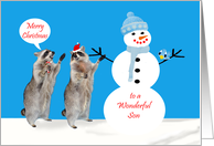 Christmas to Son, Raccoons with snowman and bird in snow on blue card