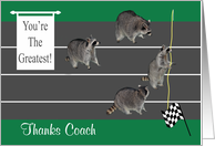 Thank You to Track Coach, four raccoons getting ready to run, banner card