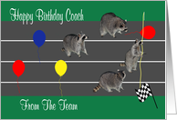 Birthday To Coach From The Team, four raccoons getting ready to run card