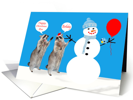 Birthday on Christmas Eve with Raccoons and a Snowman on Blue card