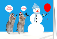 Birthday on Christmas, general, Raccoons with snowman and bird, blue card