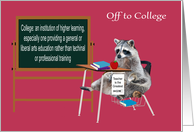 Off to College with a Raccoon Sitting in a School Desk and Books card