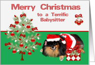 Christmas to Babysitter, Pomeranian as Mrs. Santa Claus, present, tree card