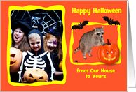 Halloween Photo Card, custom text, Raccoon with jack-o-lantern card