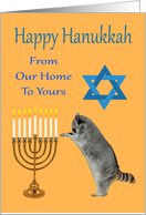 Hanukkah From Our Home To Yours, Raccoon praying by a menorah with a Star Of David card