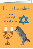 Hanukkah To Grandfather, Raccoon praying by a menorah with a Star Of David card
