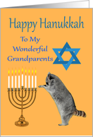 Hanukkah To Grandparents, Raccoon praying by a menorah with a Star Of David card