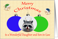 Christmas to Daughter and Son-in-Law, Raccoon with antlers, red nose card