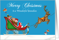 Christmas to Grandson, Raccoon Santa Claus with deer in sleigh, blue card