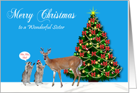 Christmas to Sister, Raccoons with reindeer and decorated tree, blue card