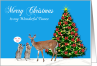 Christmas to Fiance, Raccoons with reindeer and decorated tree, blue card