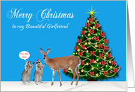 Christmas to Girlfriend, Raccoons with reindeer and decorated tree card