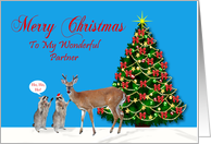 Christmas To Partner, Raccoons with reindeer and decorated tree, blue card