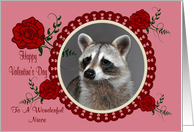 Valentine’s Day To Niece, Raccoon in a heart frame with roses, pink card