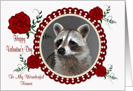 Valentine’s Day To Fiance, Raccoon in a heart frame with roses, white card