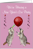 Invitations, New Year’s Eve Party, a raccoon blowing a noise maker card