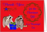 Thank You for the Christmas Gift to Son, adorable raccoons, holly card