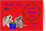 Thank You for the Christmas Gift to Aunt, adorable raccoons, holly card
