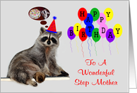 Birthday To Step Mother, Raccoon wearing a party hat with balloons card