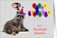 Birthday to Grandson with a Raccoon Wearing a Party Hat and Balloons card