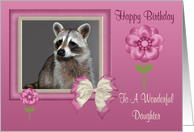 Birthday To Daughter, Raccoon in bow frame with flowers card